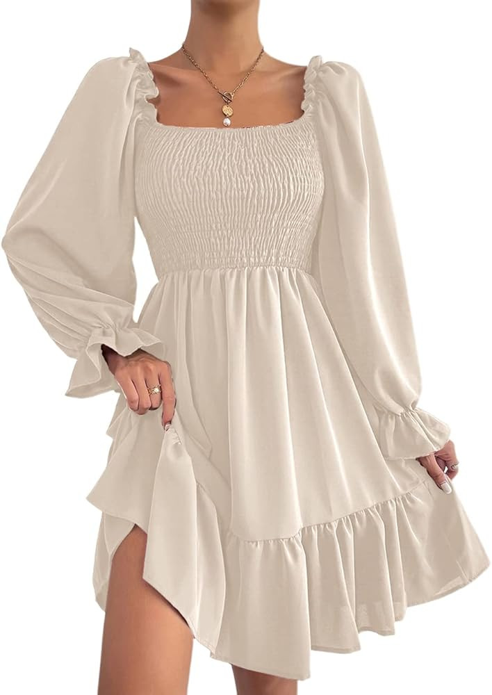 Pasgreson Square Neck Smocked Dress for Women Ruffle Hem Short Mini Dresses with Long Puff Sleeve | Amazon (US)