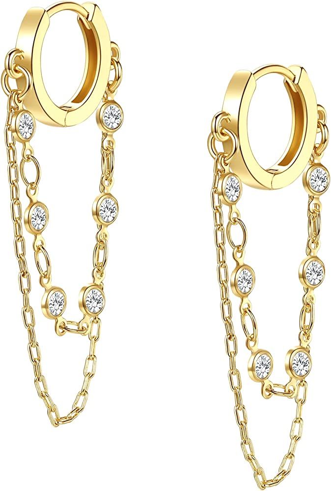 Shownee Tassel Chain Small Gold Hoop Dangle Earring For Women Girl Huggie Earring Heart Star CZ 1... | Amazon (US)