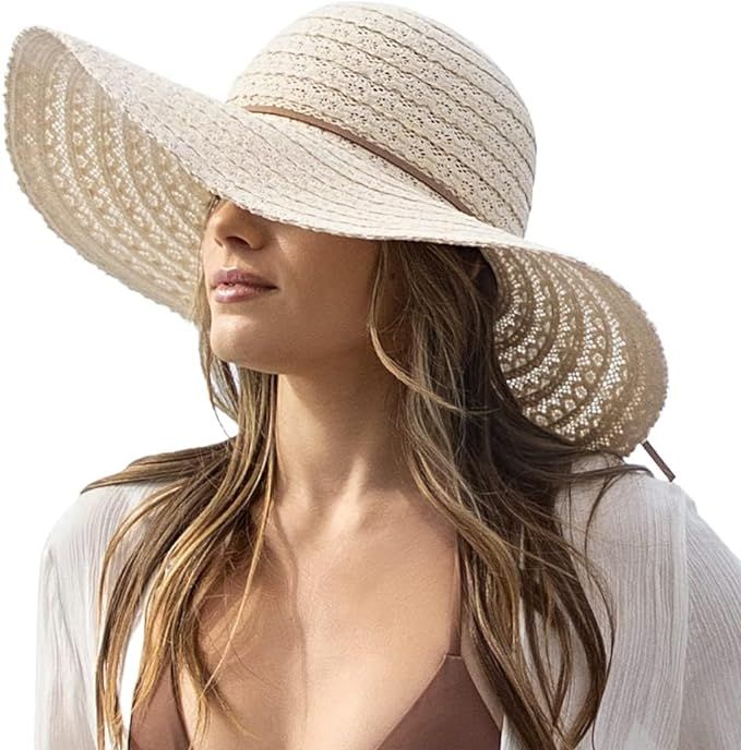 Womens Sun Hat, Floppy Beach Summer Hats with Wide Brim, Packable Lace Hats for Women | Amazon (US)