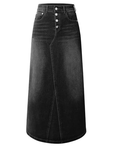 Womens Long Denim Skirt Casual A-Line Stretch Jean Skirt for Women High Waisted Vintage Denim Maxi Skirt with Pockets Black Grey US 12 | Amazon (US)
