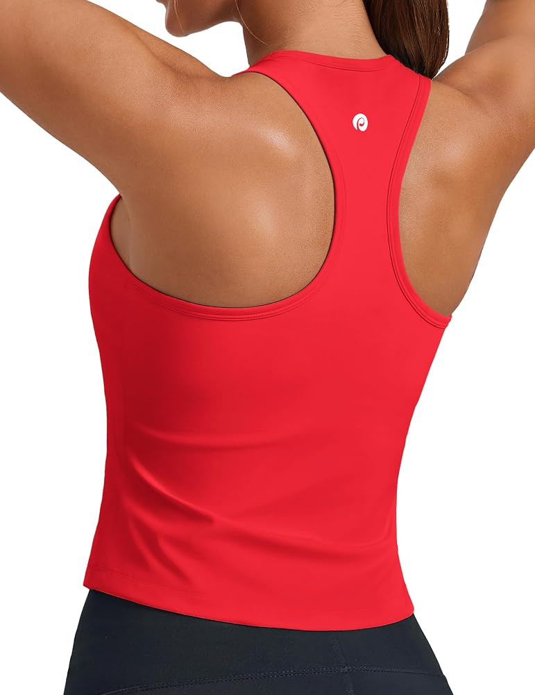 PINSPARK Workout Tops for Women Racerback Tank Top with Built in Bras Waist Length Yoga Tops Padd... | Amazon (US)