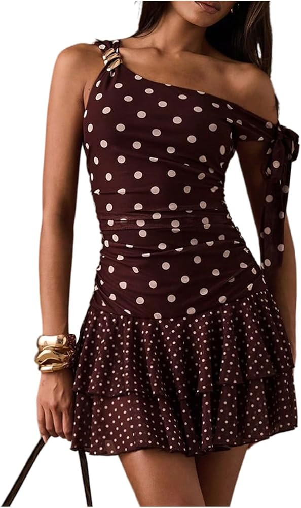 Floerns Women's Polka Dots Off The Shoulder Mini Dress Ruched Sleeveless Tiered Ruffle Party Dres... | Amazon (US)