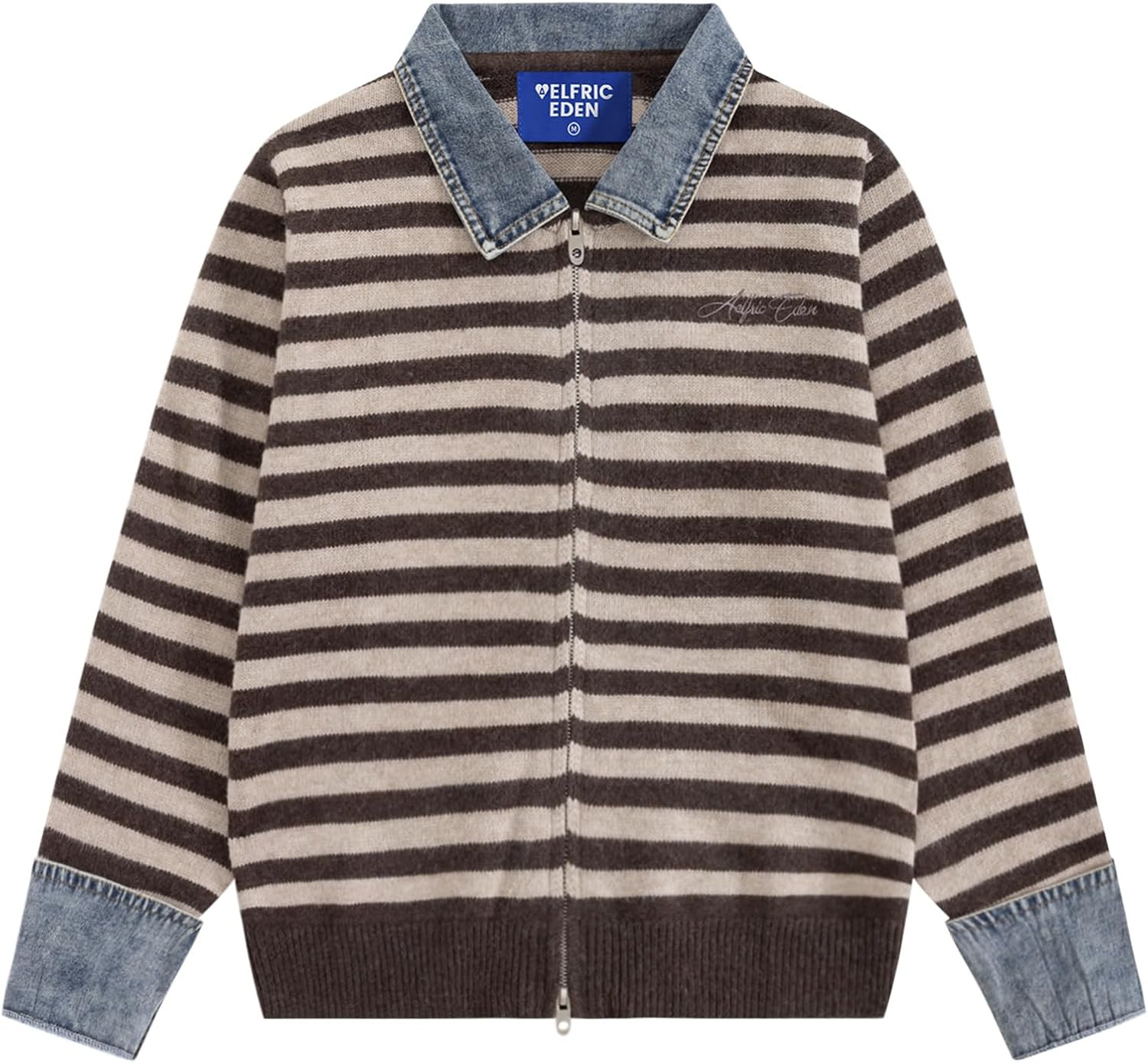 Aelfric Eden Womens Knitted Cardigan Sweaters Denim Collar Cuffs Contrast | Amazon (US)