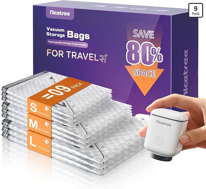 Nicetree 9-Pack Vacuum Storage Bags with Rechargeable Wireless Pump, 3 Sizes (20/24/28 Inch) Trav... | Amazon (US)
