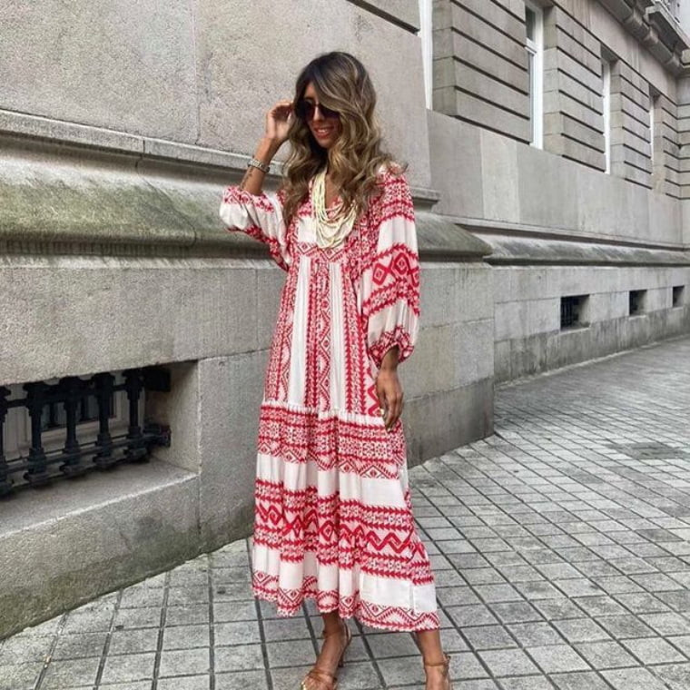 CAITZR Beach Casual Floral Maxi Long Dress For Women Summer V Neck Short Sleeve Ethnic Style Sund... | Walmart (US)