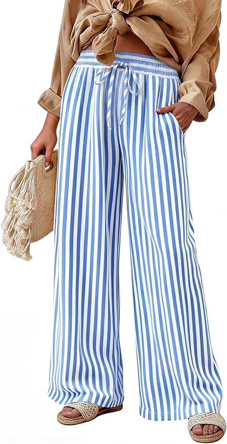Womens Striped Wide Leg Palazzo Pants High Waisted Elastic Drawstring Casual Lounge Trousers with... | Amazon (US)