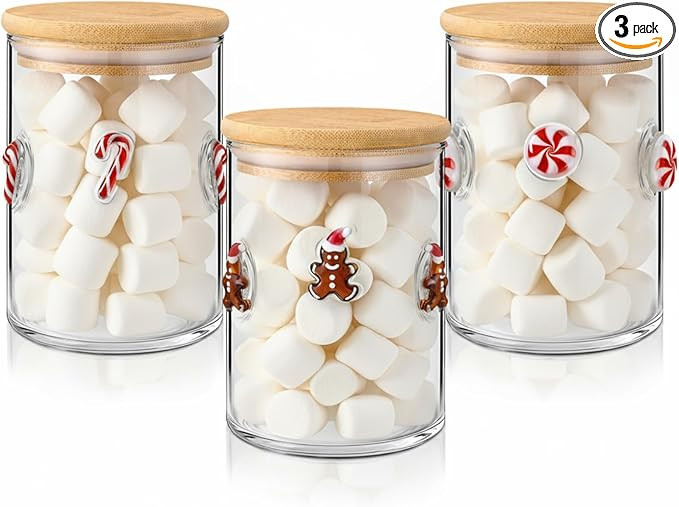 3 Pcs Christmas Icon Glass Storage Jars with Airtight Bamboo Lid Red White Cane Candy Gingerbread... | Amazon (US)