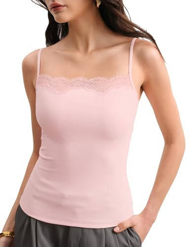 C202 White Tank Top for Women Lace Camisole with Built in Bra Spaghetti Strap Summer Tops, White ... | Amazon (US)