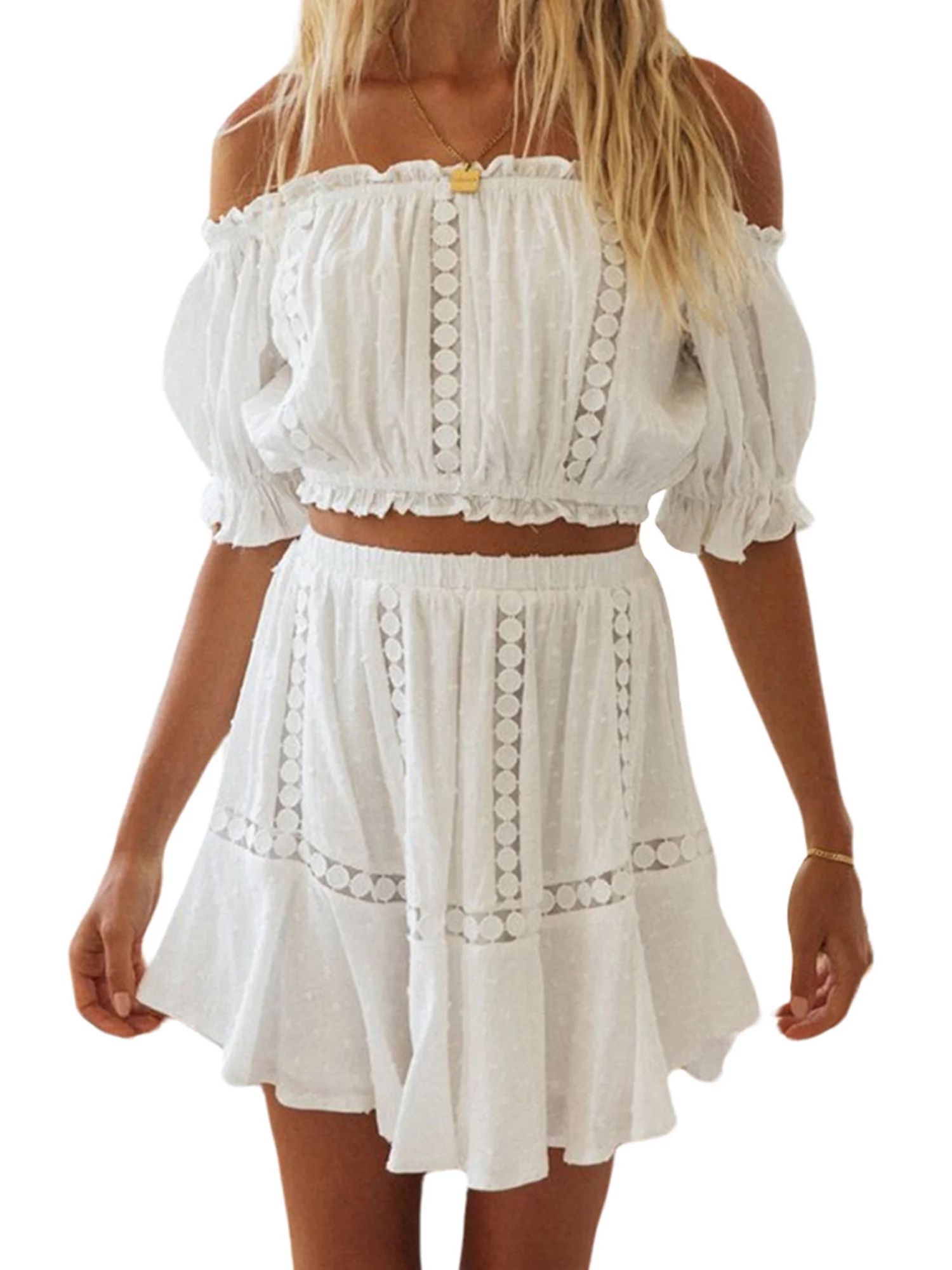 wsevypo Boho Women's 2pcs Beach Dress Off Shoulder Crop Top Ruffle Mini Skirt Set | Walmart (US)