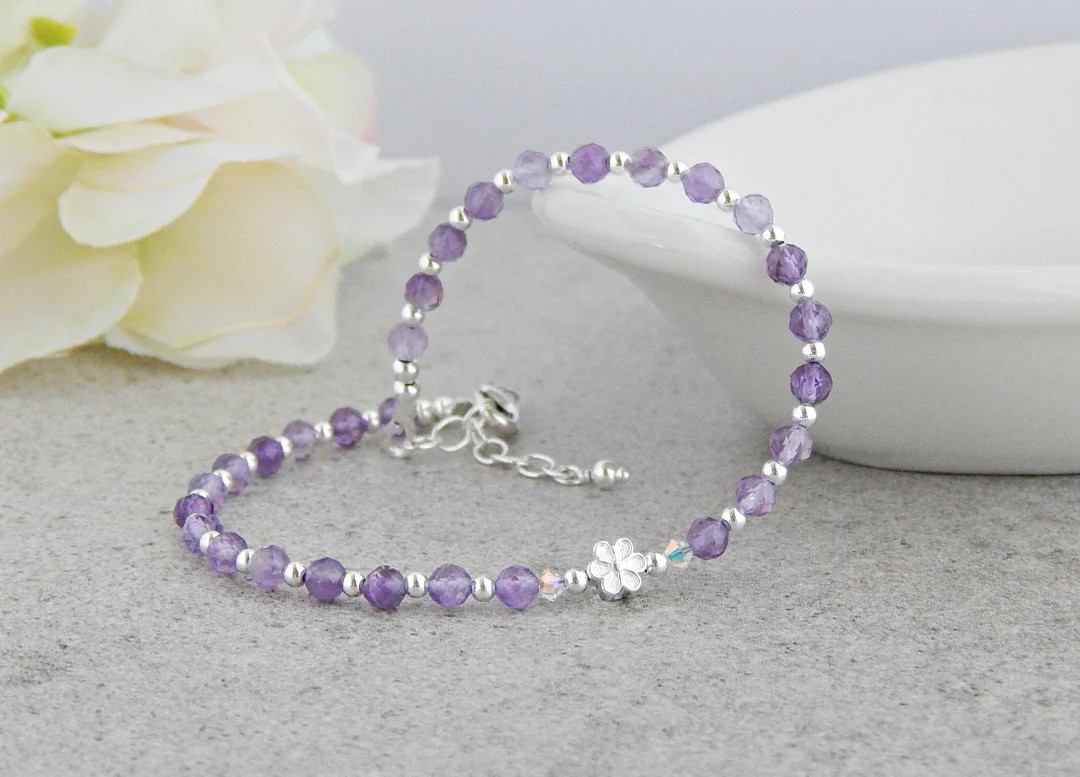 Amethyst Anklet, Sterling Silver Anklets for Women, Silver Ankle Bracelets for Women, February Bi... | Etsy (US)
