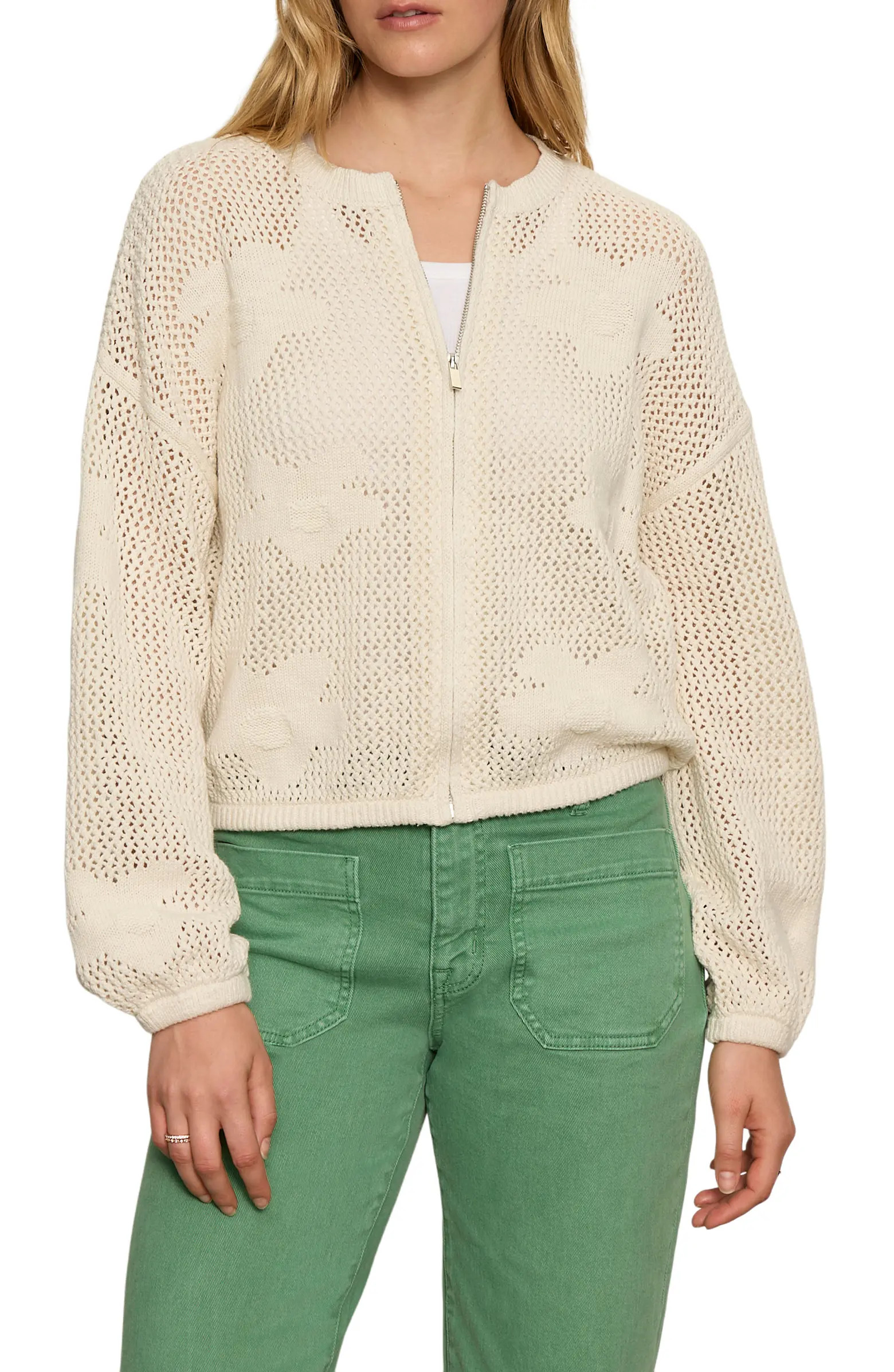 Daily Escape Flower Knit Front Zip Sweater | Nordstrom