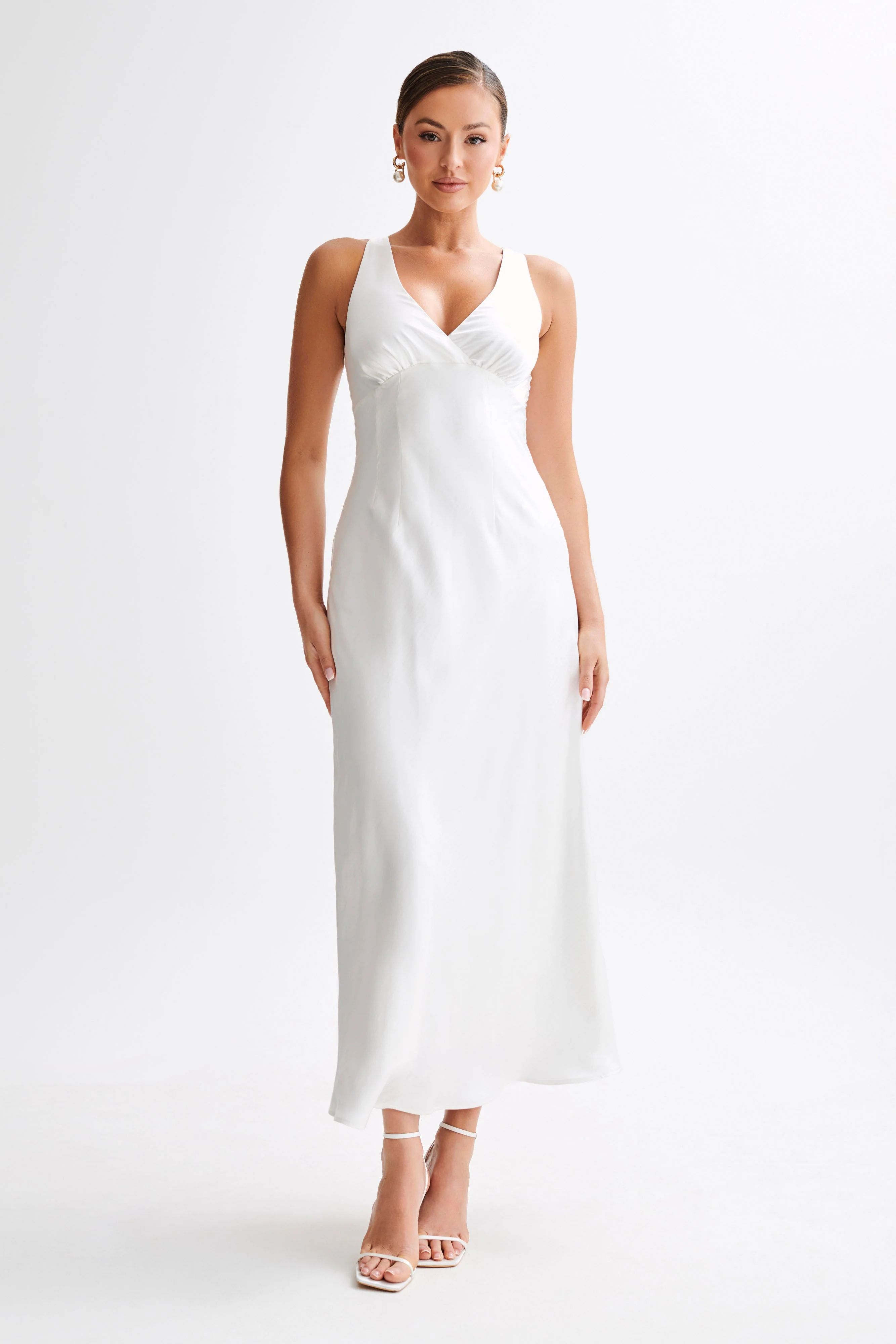 Meghan Short Sleeve Satin Maxi Dress - Ivory | MESHKI US