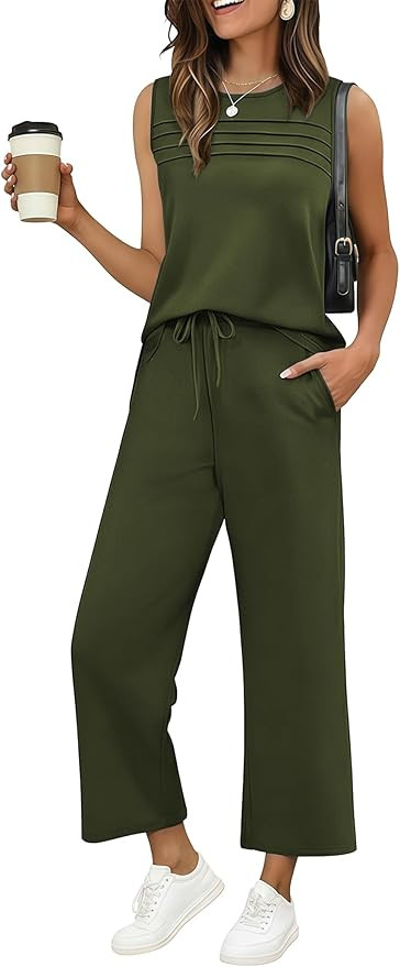Ekouaer Two Piece Sets for Women Summer Lounge Sets Sleeveless Top Wide Leg Pants Travel Airport ... | Amazon (US)
