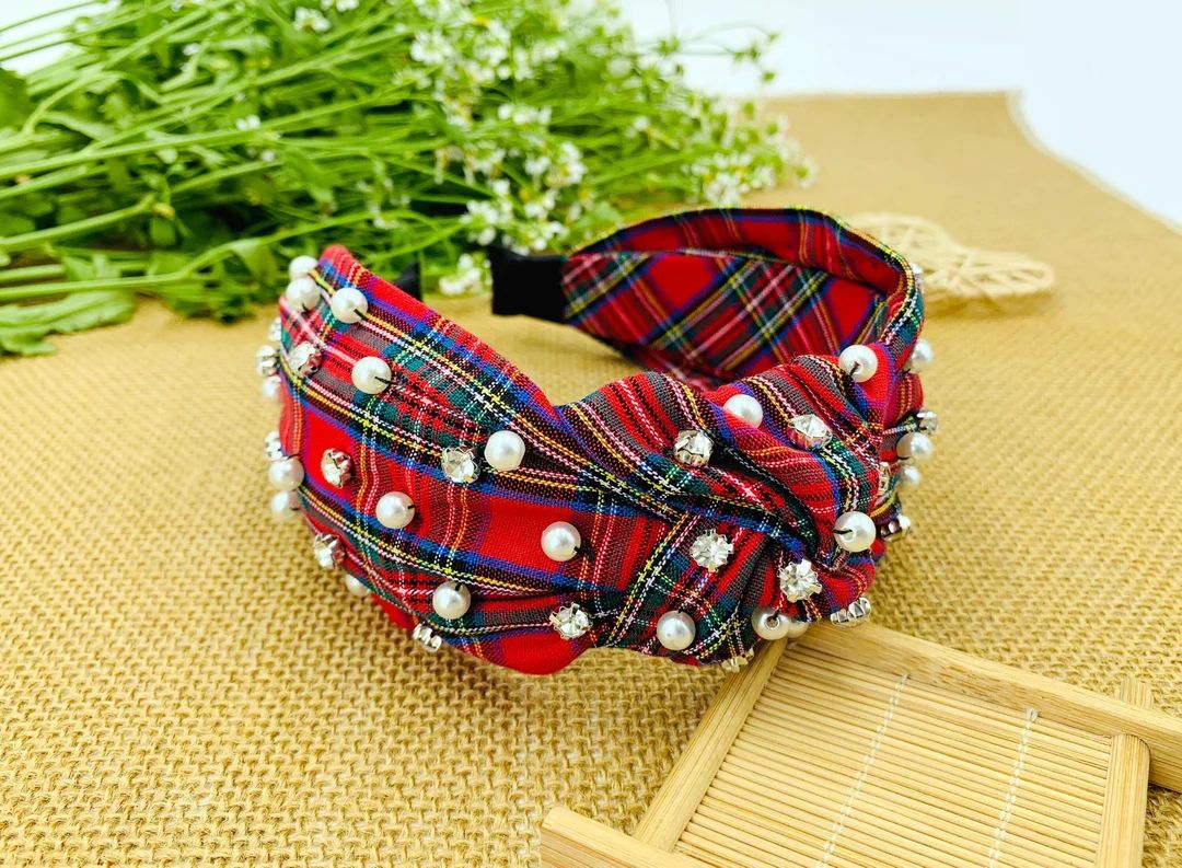 Red Christmas Plaid wide knotted Headband with Rhinestones and pearls,wide headband,Tartan Headba... | Etsy (US)