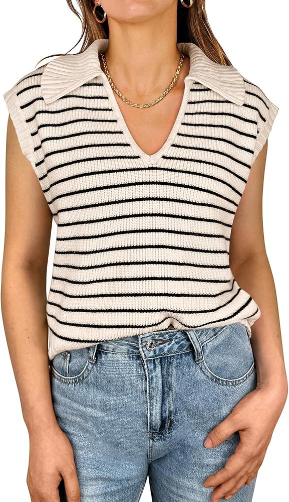 ANRABESS Women Summer Sweater Vest Striped Sleeveless Knit Polo Tank Crop Tops 2024 Trendy Spring... | Amazon (US)