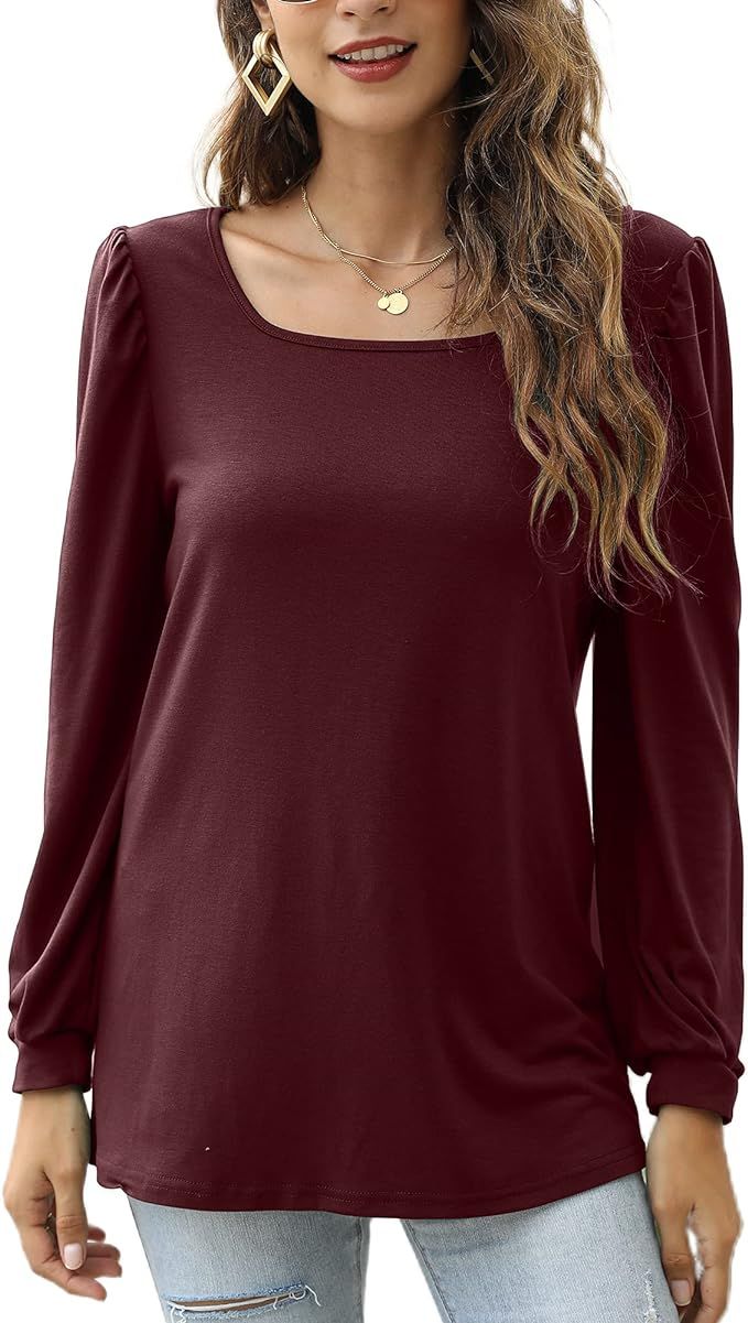Women's Square Neck Puff Long Sleeve Shirts Casual Elegant Solid Blouse Tops | Amazon (US)