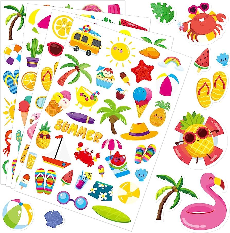 Summer Pool Beach Adhesive Stickers Luau Hawaii Sun Stickers 700 Count for Girls Boys Birthday In... | Amazon (US)
