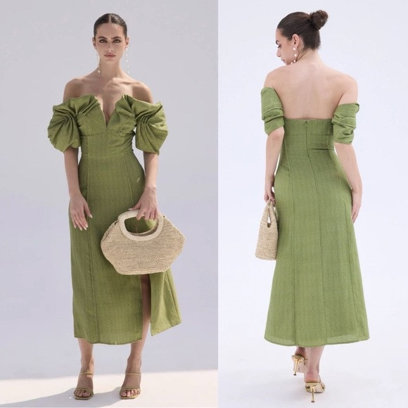 Cult Gaia Muna Silk Blend Raw Edge Midi Dress Palm Green NEW with tags | Poshmark