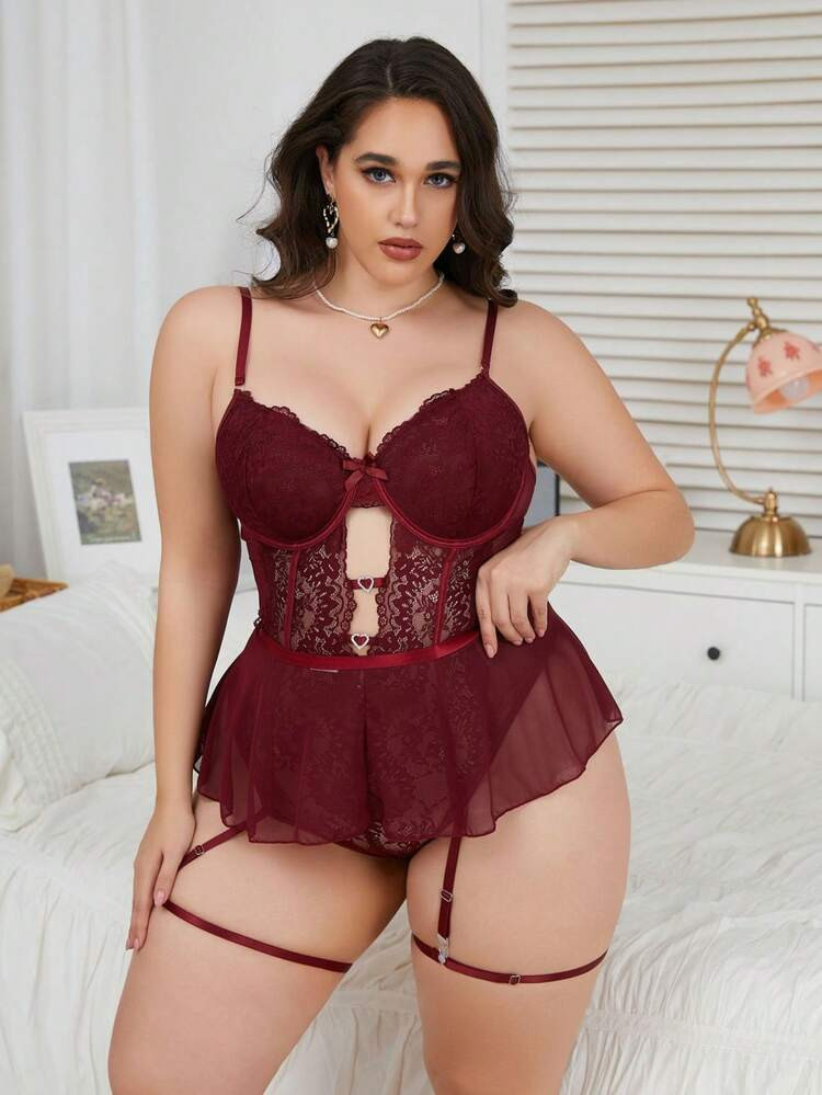 Plus Lace Baby Doll and Garter Set | SHEIN