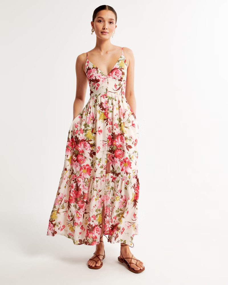 Crinkle Textured Button-Through Maxi Dress | Abercrombie & Fitch (US)