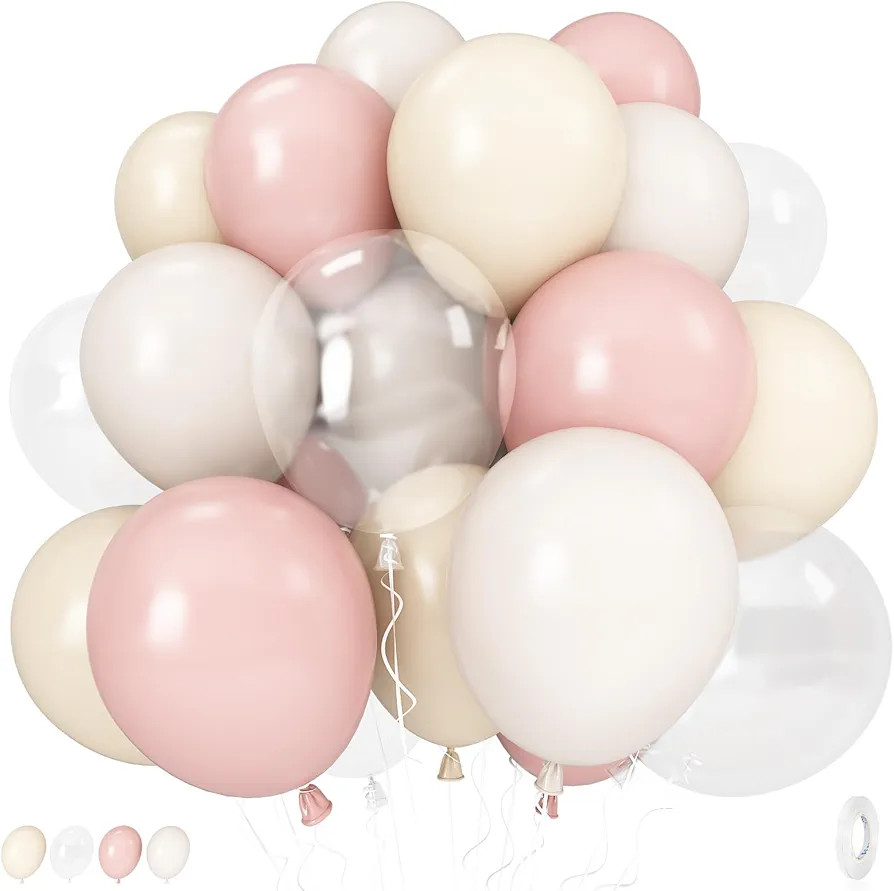 Pastel Pink and White Balloons, 12 Inch 35PCS Light Baby Pink Beige Cream White with Clear Latex ... | Amazon (US)