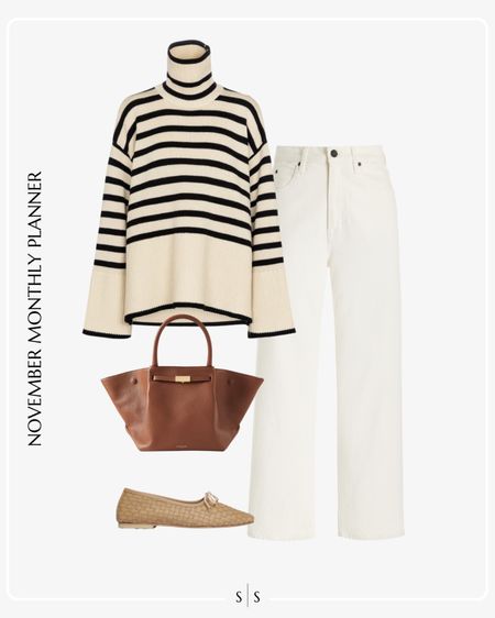 Monthly outfit planner: NOVEMBER Fall and Winter looks | striped turtleneck sweater, off white crop straight jean, brown tote, neutral flats

See the entire calendar on thesarahstories.com ✨ 

#LTKstyletip