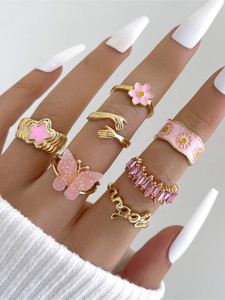 Sweet Style 7pcs/set Five-pointed Star Butterfly Daisy Oil-filled Ring For Women | SHEIN