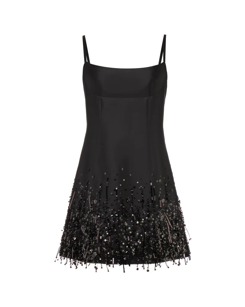 Stella Dress in Black Silk Wool with Tonal Fringe | Over The Moon