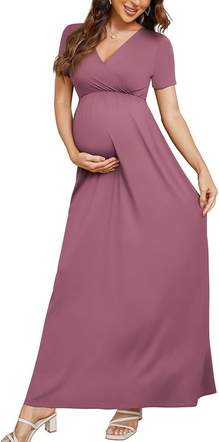 Xpenyo Maternity Maxi Dress Women Casual Wrap Long Baby Shower Pregnancy Dresses | Amazon (US)