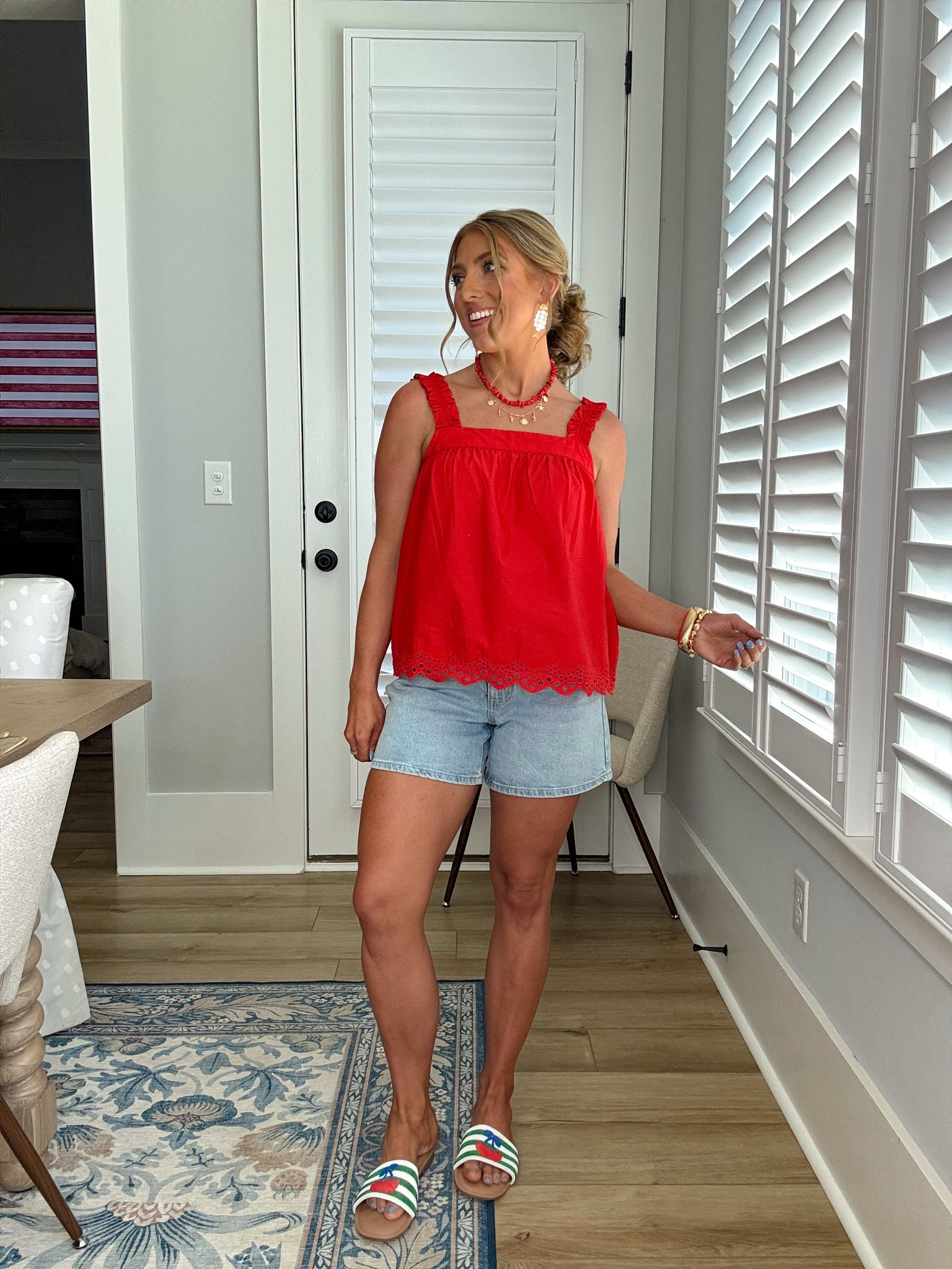 This bright red eyelet tank is the kind of Walmart find that looks SO much more expensive in person 😍 The ruffle straps and scallop hem details are adorable, and it’s the perfect summer top for BBQs, beach days, errands, or casual dinner nights. Paired it with comfy light wash denim shorts and the cutest striped sandals for an easy everyday summer outfit. Everything is from Walmart and all brand new arrivals! ☀️

#WalmartFashion #WalmartFinds #SummerOutfit #AffordableFashion #WalmartStyle #CasualSummerStyle #DenimShorts #EyeletTop #EverydayStyle #HeadToToeWalmart #SummerFashion #WalmartNewArrivals #BudgetFriendlyFashion #VacationStyle #OOTD

#LTKootd #LTKPetite