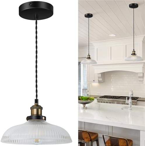 Vintage Brushed Bronze Pendant Light Fixtures with Thick Striped Seed Glass Shade, Hanging Lights... | Amazon (US)