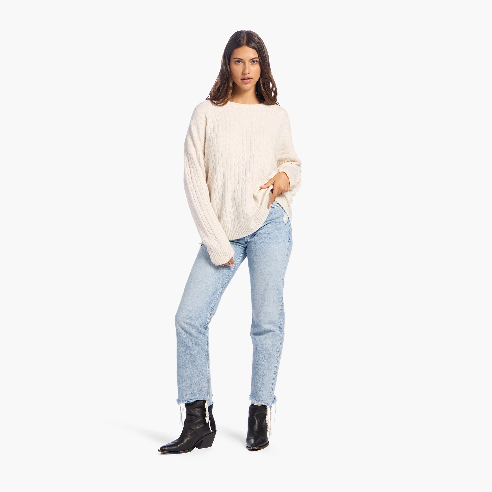 Cozy Knit Cable Crewneck Sweater | Heather Bone | Nuuds US