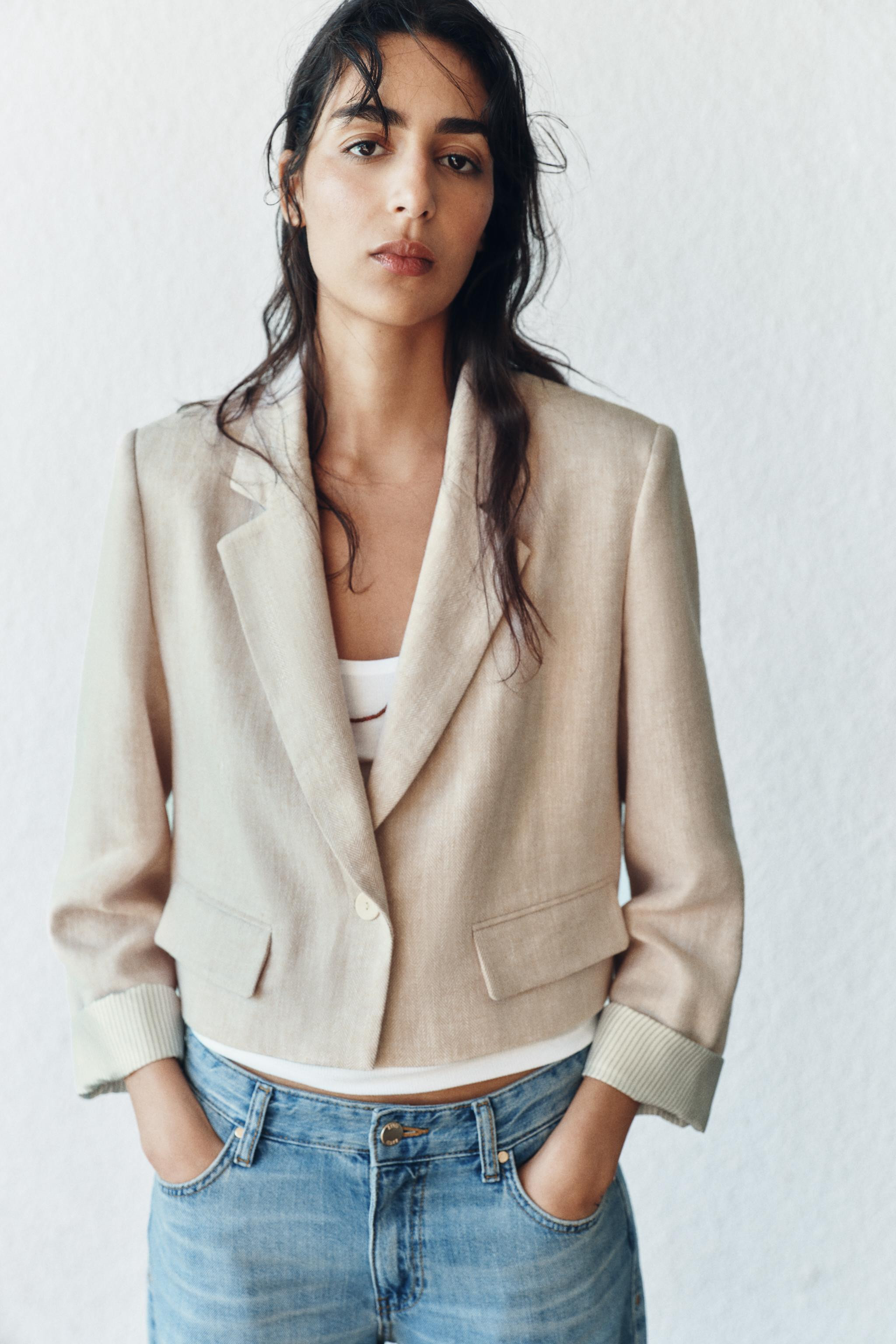 LINEN CROPPED BLAZER WITH SHOULDER PADS | Zara US