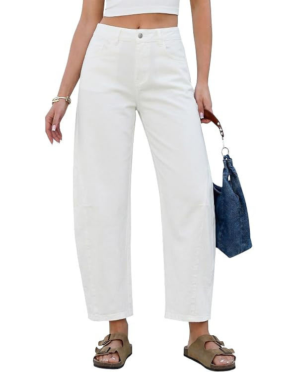 GRAPENT Barrel Jeans for Women Cropped Trendy High Waisted Baggy Side Seamed Casual Stretchy Deni... | Amazon (US)