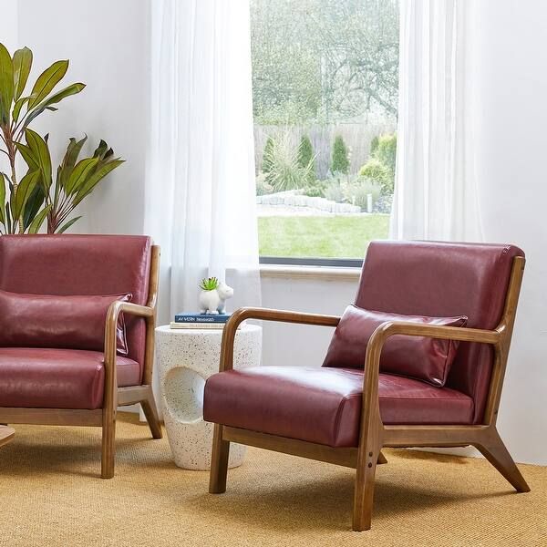 Glitzhome Set of 2 30-Inch Mid-Century Modern PU Leather Accent Armchairs with Rubberwood Frame -... | Bed Bath & Beyond