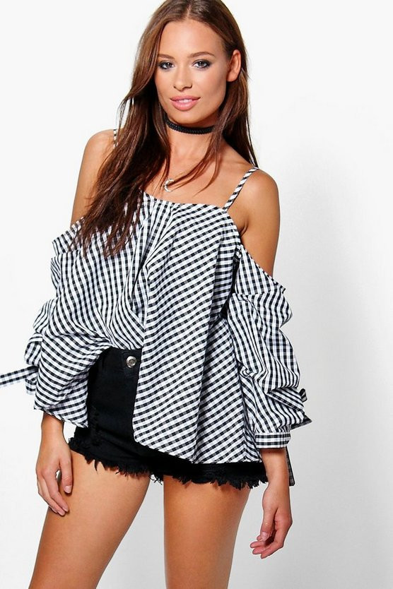 Sally Gingham Cold Shoulder Cotton Top | Boohoo.com (US & CA)