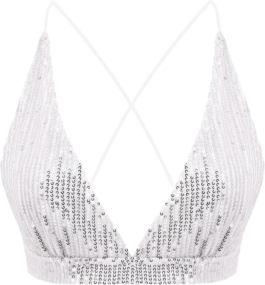 Women’s Sexy Sequin Crop Top V Neck Bandage Tank Top Bustier Cami Dance Bra Top for Club Rave | Amazon (US)