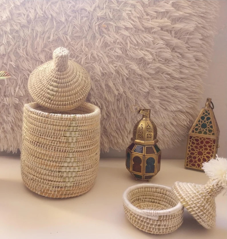 SET of Handmade Moroccan Boho Storage Basket Berber Style Bread Basket With Lid Authentic Ethnic ... | Etsy (US)