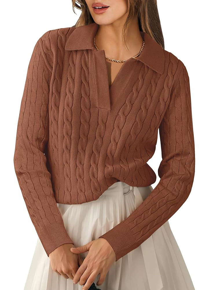 ANRABESS Womens Cable Knit Sweaters Long Sleeve V Neck Sweater Tops Casual Pullover Polo Shirts 2... | Amazon (US)
