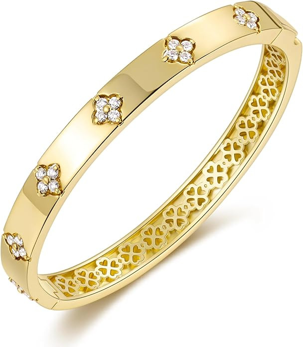 Moissanite Bangle Bracelets for Women, 14K Gold Plated Four Leaf Clover Bracelet with D Color VVS... | Amazon (US)