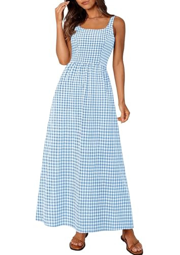 PRETTYGARDEN Women's 2025 Summer Spaghetti Strap Maxi Dresses Plaid Square Neck A Line Casual Beach Vacation Long Sundress (Light Blue,Large) | Amazon (US)
