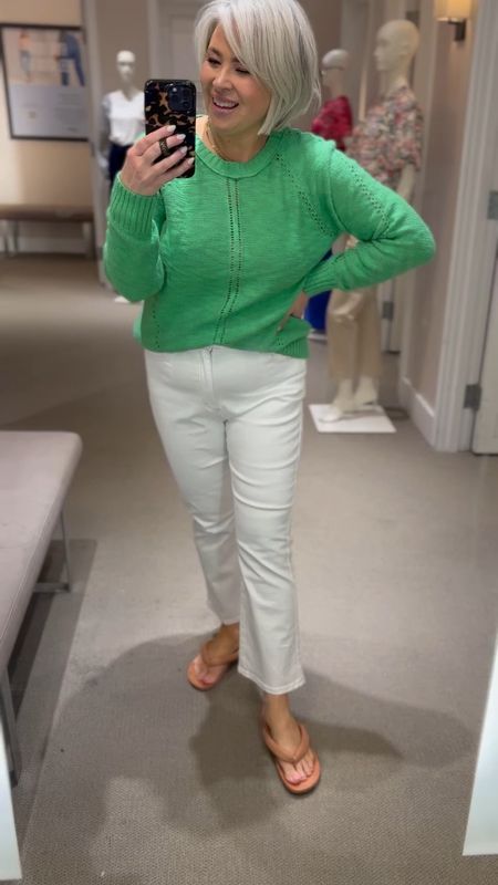 Spring fashion, beautiful green sweater, white jeans, kick crop jeans, 

#LTKworkwear #LTKSeasonal #LTKFind