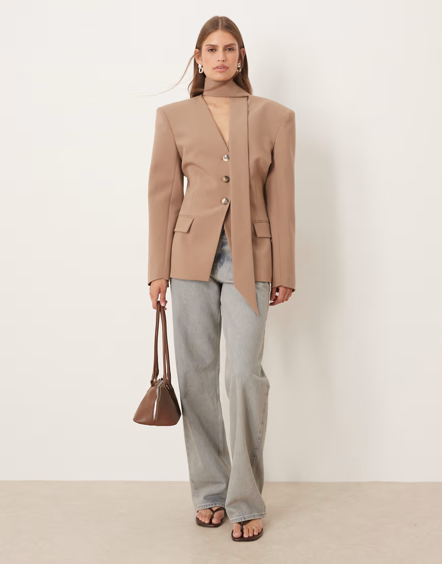 ASOS DESIGN cinch shoulder pad blazer with scarf co ord in mocha-Brown | ASOS (Global)