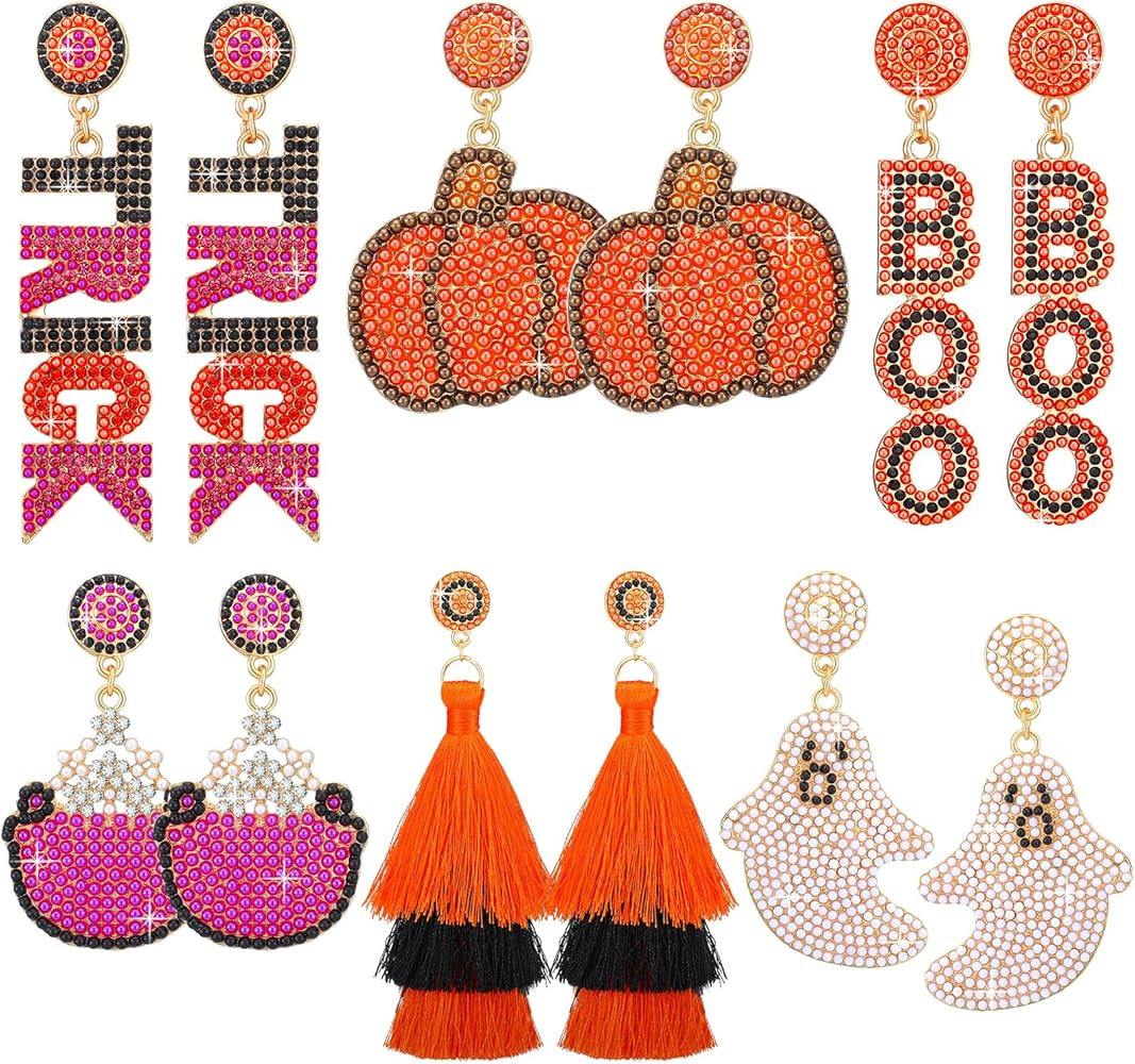 6 Pcs Halloween Thanksgiving Christmas Beaded Earrings for Women Handmade Dangle Earrings Hallowe... | Amazon (US)