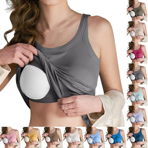 Womens Tank Tops with Built in Bra Workout Athletic Knitted Summer Tank Tops Fitted Plain Scoop Neck Basic Layering Gym Cute Shirts Casual Sleeveless Office Lightweight Comfy Camisoles Gray S | Amazon (US)