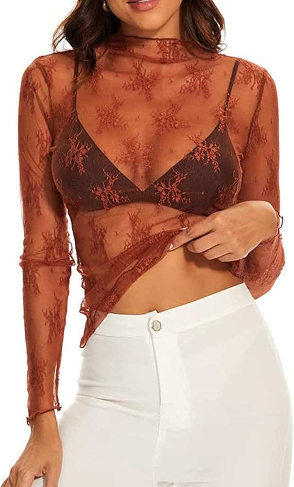 Mesh Long Sleeve Top, Floral Embroidery Mock Neck Sheer Top Sexy Mesh Layering See Through Tee Sh... | Amazon (US)