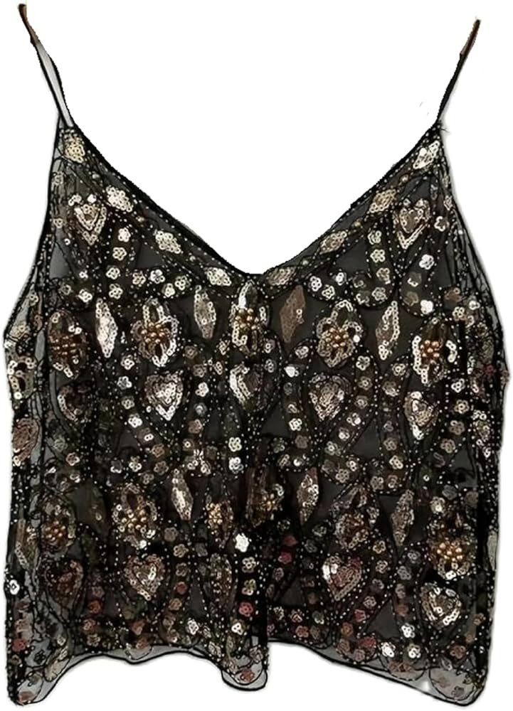 Womens Summer Sequin Sparkle Strape Camisole See Through Tank V Neck Y2k Cute Beaded Top | Amazon (US)