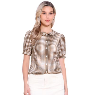 Allegra K Women's Plaid Gingham Puff Short Sleeve Peter Pan Collar Button Down Shirt Medium Dark ... | Target