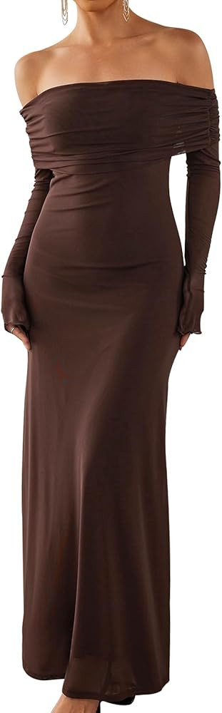KUTUMAI Women Off Shoulder Bodycon Maxi Dress Long Sleeve Mesh Ruched Party Formal Wedding Guest ... | Amazon (US)