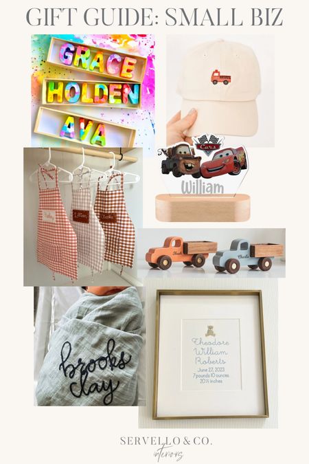 Small business gift guide
Small business gifts
Etsy gift ideas
Toddler cooking apron 
Baby birth announcement gift 
Baby embroidered receiving blanket 
Disney Pixar cars night light 
Lightening McQueen night light 
Toddler personalized crayons 
Toddler fire truck baseball hat 
Gifts for kids 
Kid gift ideas 
Children gift ideas 
Christen Christmas gifts 

#LTKkids #LTKCyberWeek #LTKfamily